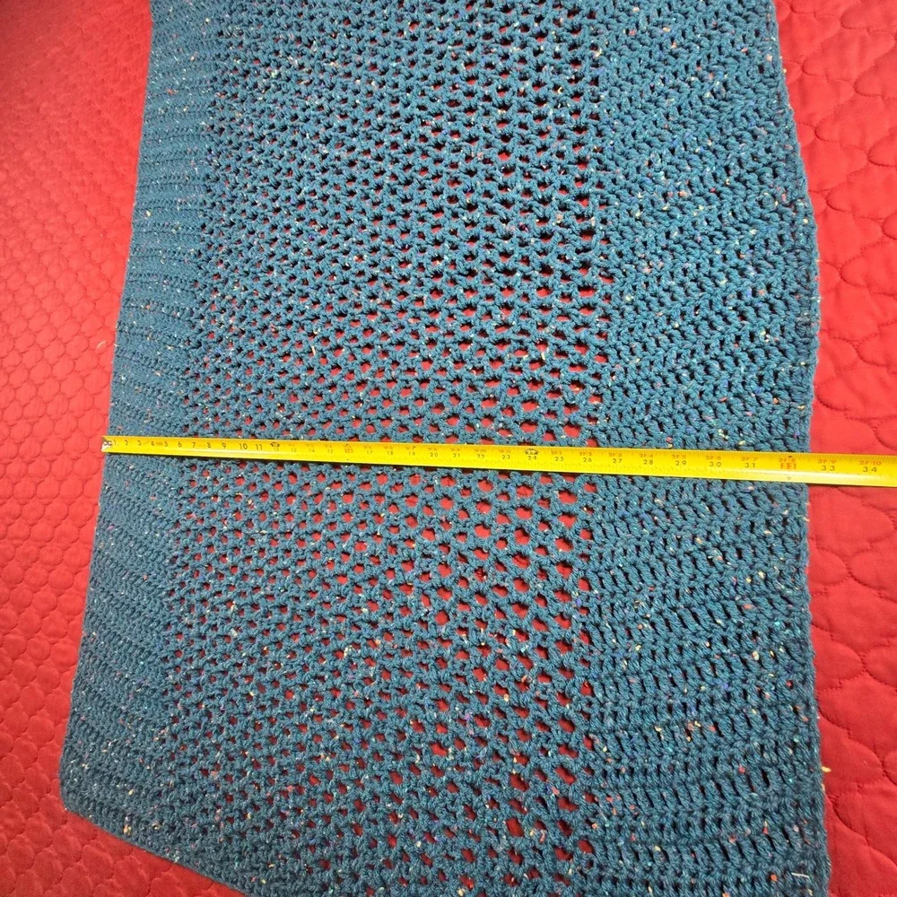 Handmade Crochet Prayer Shawl Blanket Throw Blue Green Speckled 52